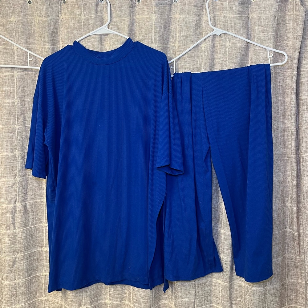 Dressed in LALA Blue Playsuit with ribbed texture pants and top set